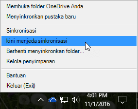 Cuplikan layar menu OneDrive for Business sebelumnya dengan Jeda sinkronisasi dipilih.