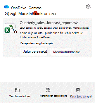 Cuplikan layar memperlihatkan Pusat Aktivitas OneDrive dengan bendera untuk item yang jalurnya terlalu panjang, dengan tombol Persingkat jalur dan Pindahkan file.