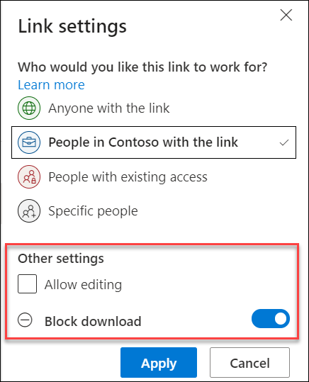 Opsi berbagi di OneDrive, menyoroti opsi Blokir unduhan.