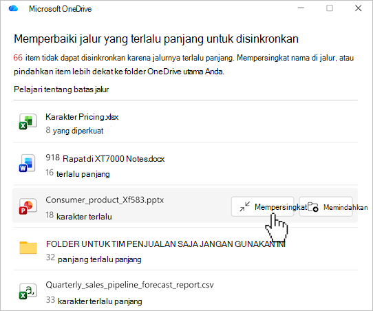Cuplikan layar memperlihatkan daftar jalur file OneDrive.