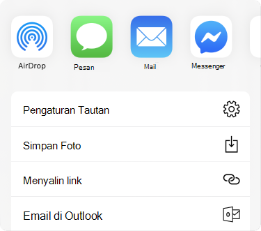 Menu Bagikan dengan aplikasi di bagian atas dan daftar opsi berbagi di bawahnya.