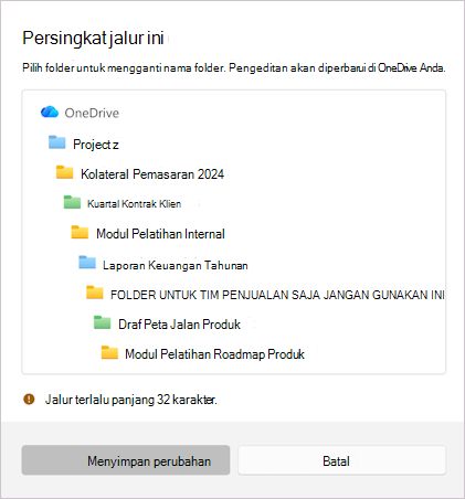 Cuplikan layar menampilkan pesan untuk mempersingkat nama file yang dipilih.