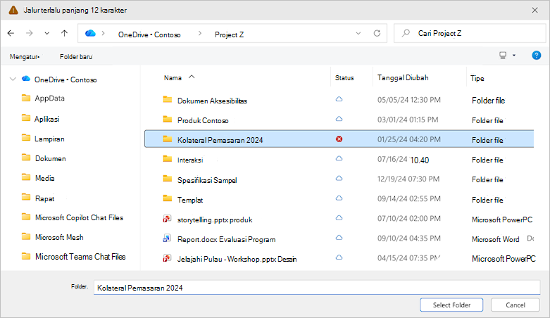 Cuplikan layar memperlihatkan dialog pilih folder OneDrive.