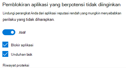 Kontrol pemblokiran aplikasi yang berpotensi tidak diinginkan di Windows 10.