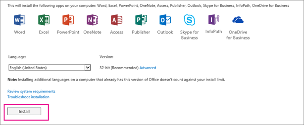 Inilah yang akan Anda lihat jika versi Skype for Business anda dibundel dengan aplikasi Office lainnya.
