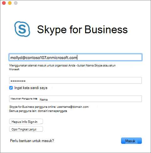 layar masuk Skype for Business untuk Mac