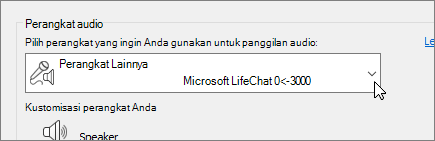 Cuplikan layar memperlihatkan menu menurun perangkat audio dalam dialog Pengaturan Perangkat Audio.
