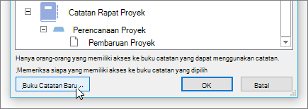 Cuplikan layar memperlihatkan tombol Buku Catatan Baru dalam dialog Bagikan Catatan.
