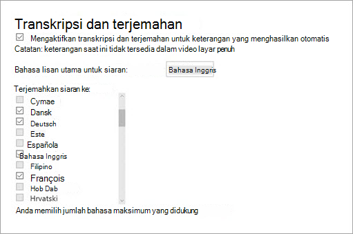 Mengaktifkan transkripsi dan terjemahan
