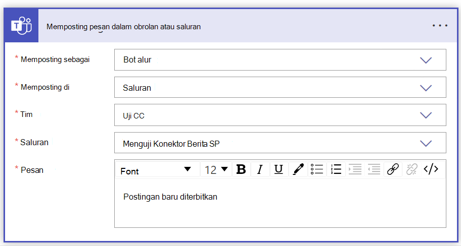 Cuplikan layar memposting pesan dalam formulir saluran obrolan yang diisi