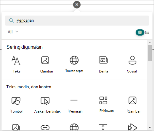 Pilih lingkaran di halaman SharePoint yang sedang Anda edit untuk melihat komponen web yang tersedia.