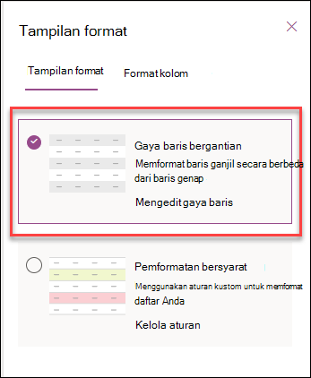 cuplikan layar pemformatan baris alternatif