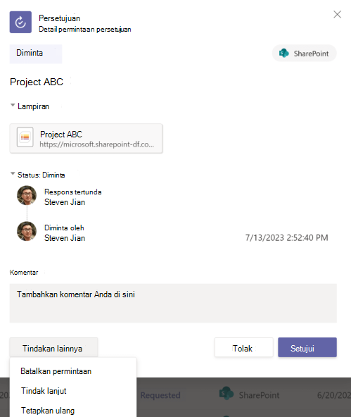 Cuplikan layar detail permintaan Persetujuan di Aplikasi.