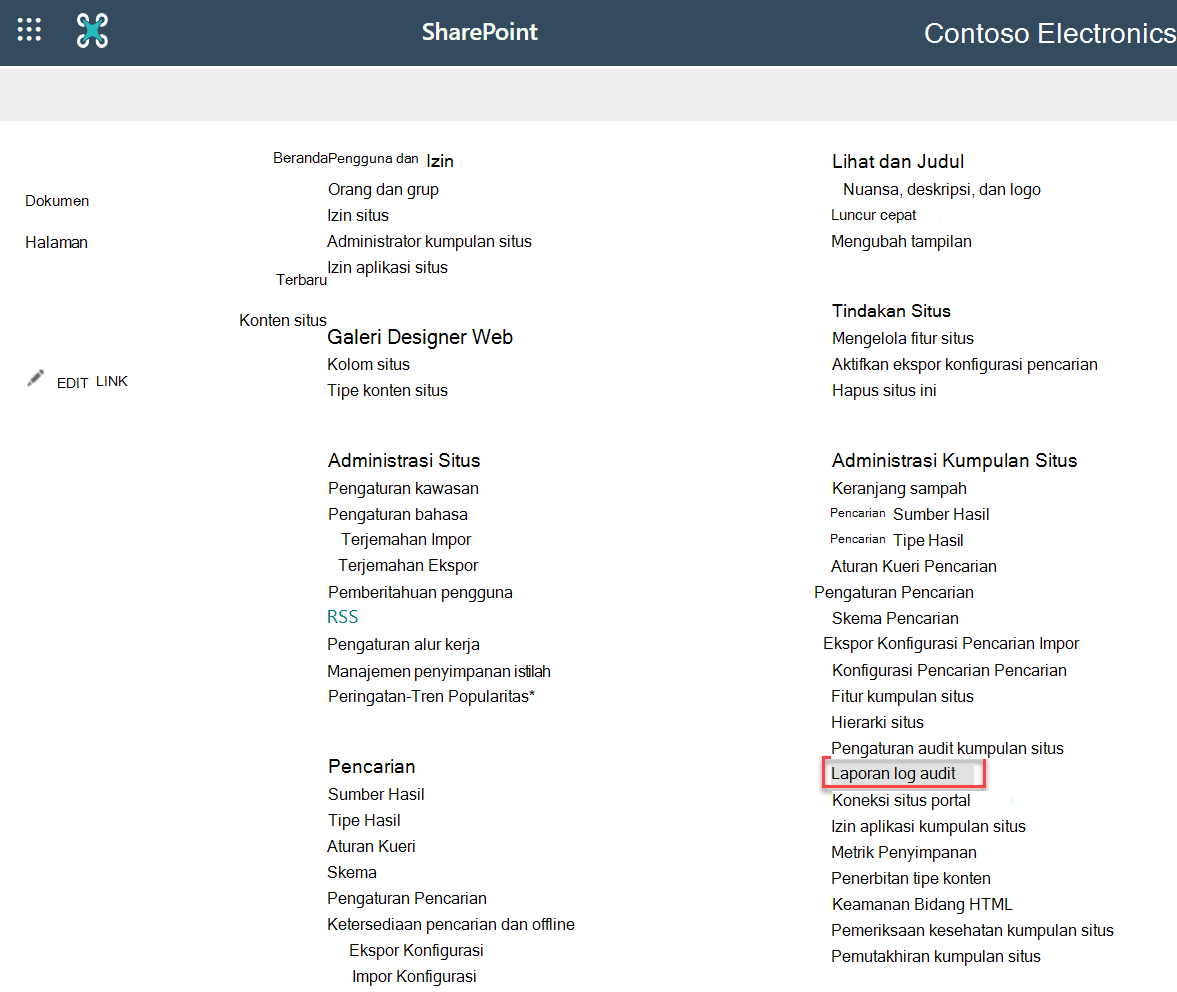 cuplikan layar laporan log audit