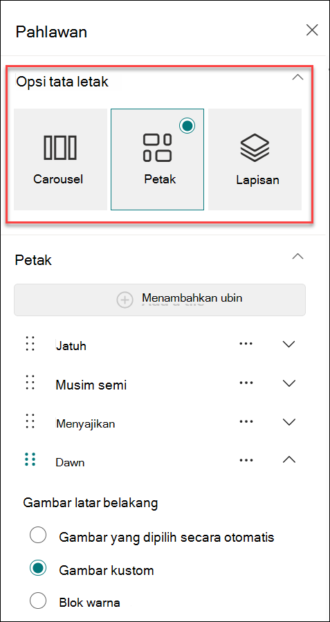 Cuplikan layar Ubah tata letak dari panel Properti