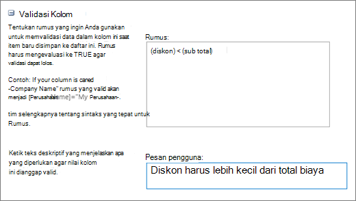 Dialog validasi kolom dengan bidang yang diisi dengan data sampel