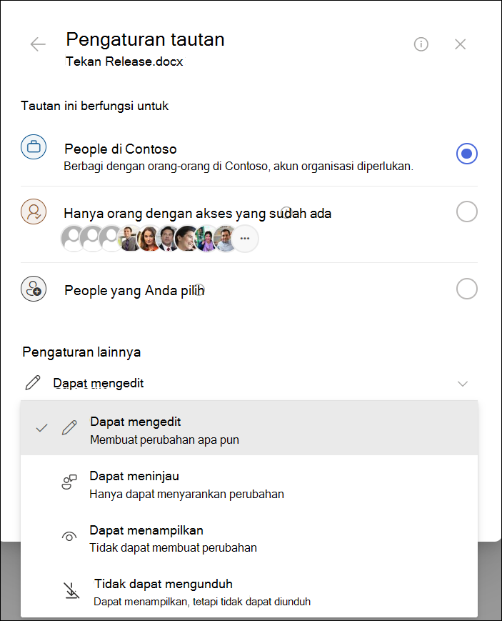 Cuplikan layar pengaturan salin tautan