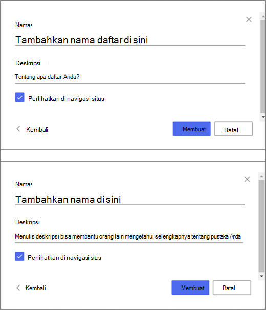 Bagian atas gambar adalah jendela untuk memasukkan informasi untuk daftar kosong, dan bagian bawah gambar adalah jendela untuk membuat pustaka dokumen.