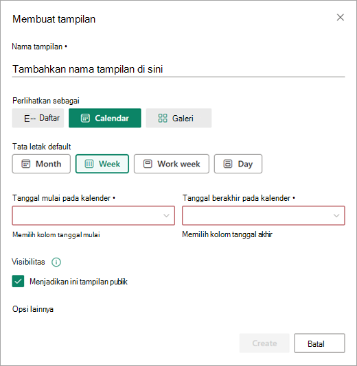 Gunakan kotak dialog Buat tampilan untuk menambahkan pengaturan kalender.