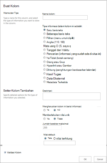 Dialog Buat kolom