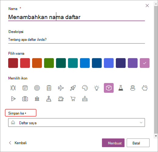Cuplikan layar opsi untuk mengustomisasi daftar Anda di SharePoint.