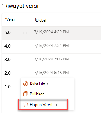 cuplikan layar menghapus versi