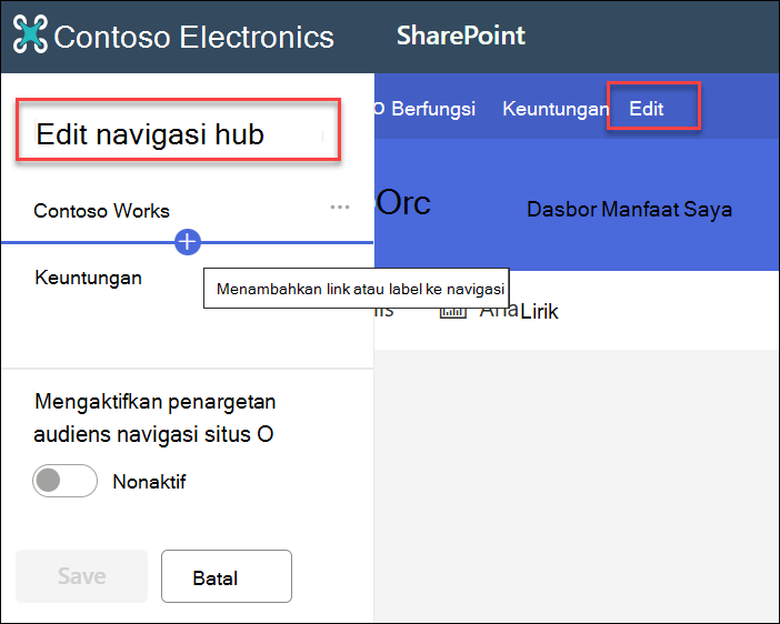 Cuplikan layar navigasi Hub Pengeditan
