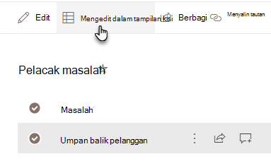 Toolbar daftar SharePoint dengan tombol Edit dalam tampilan kisi disorot untuk mengedit beberapa item daftar sekaligus