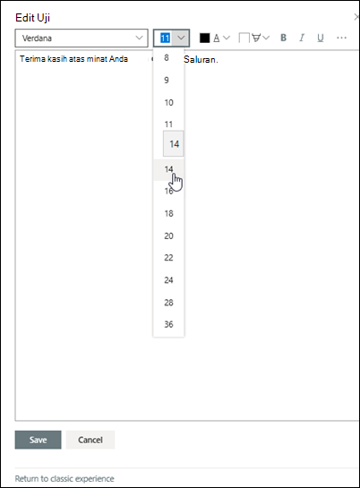 Editor teks kaya memperlihatkan teks dengan opsi pemformatan tebal, miring, dan poin yang tersedia di kolom daftar SharePoint