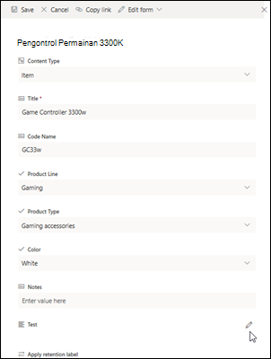 Editor teks kaya Edit jendela yang menampilkan toolbar pemformatan setelah mengklik ikon Pensil pada item daftar SharePoint