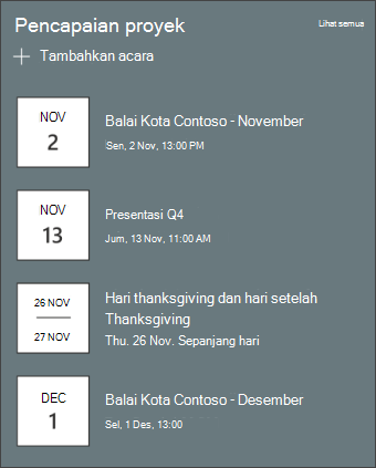 Cuplikan layar komponen web acara
