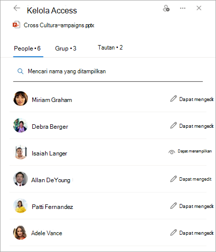 Panel Kelola Akses menampilkan izin untuk file bersama.