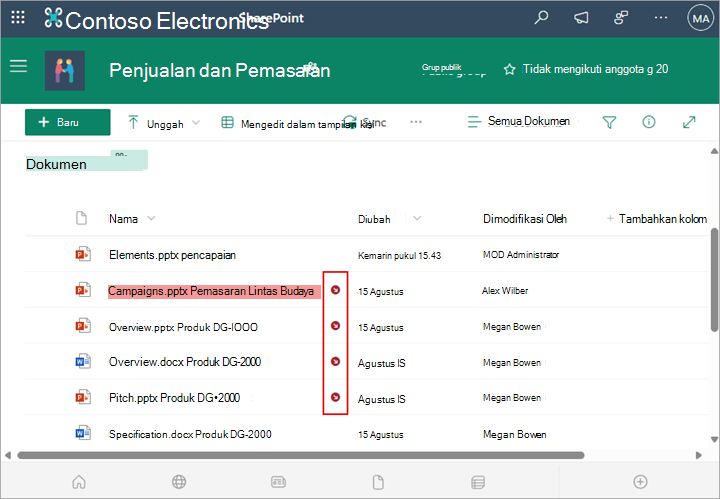 Ikon muncul di samping nama file saat keluar dari pustaka Anda.