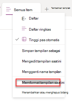 cuplikan layar memilih format baris saat ini