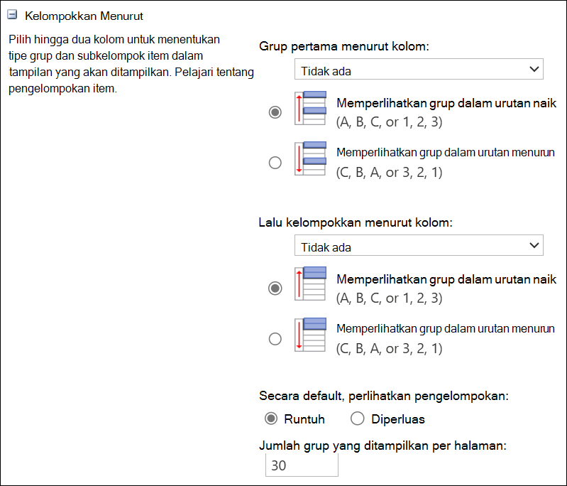 Cuplikan layar pengelompokan hingga 2 kolom.