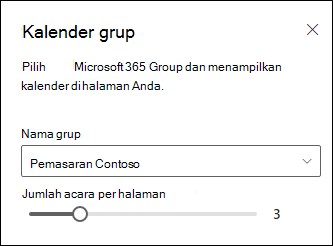 Memilih jumlah acara yang akan ditampilkan dari kalender grup Microsoft 365 yang dipilih.