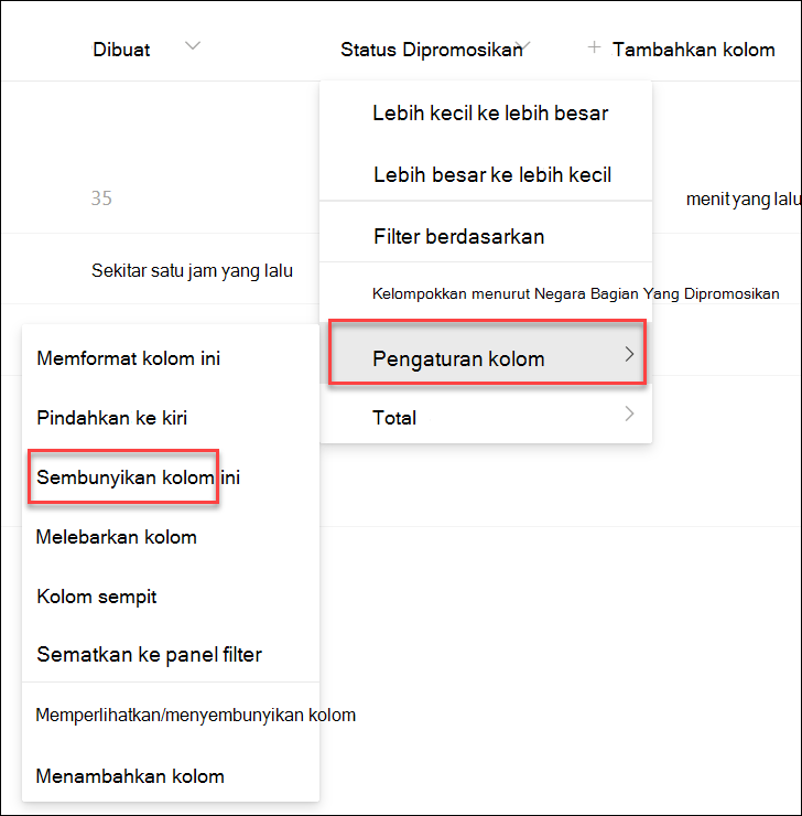 cuplikan layar menyembunyikan kolom