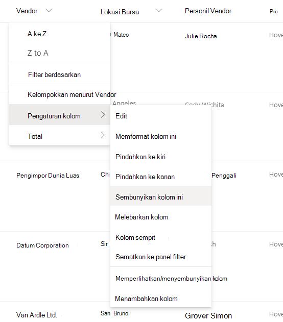 Pengaturan > kolom Sembunyikan opsi kolom ini saat judul kolom dipilih dalam daftar atau pustaka SharePoint modern