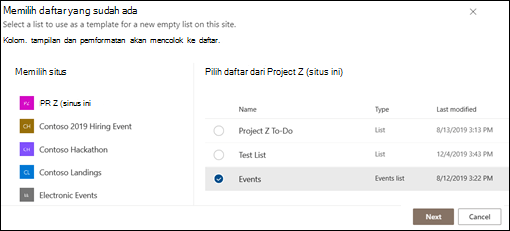 Pilih daftar yang sudah ada