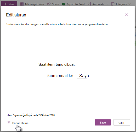 Cuplikan layar penghapusan aturan untuk daftar dari halaman Edit aturan.