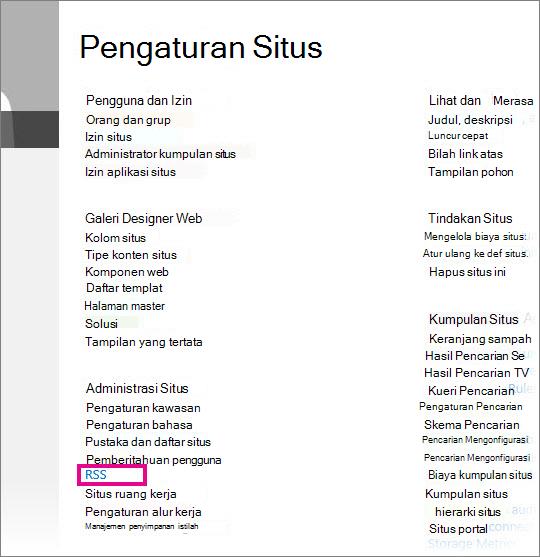 Halaman Pengaturan Situs SharePoint dengan tautan RSS yang disorot di bawah Administrasi Situs