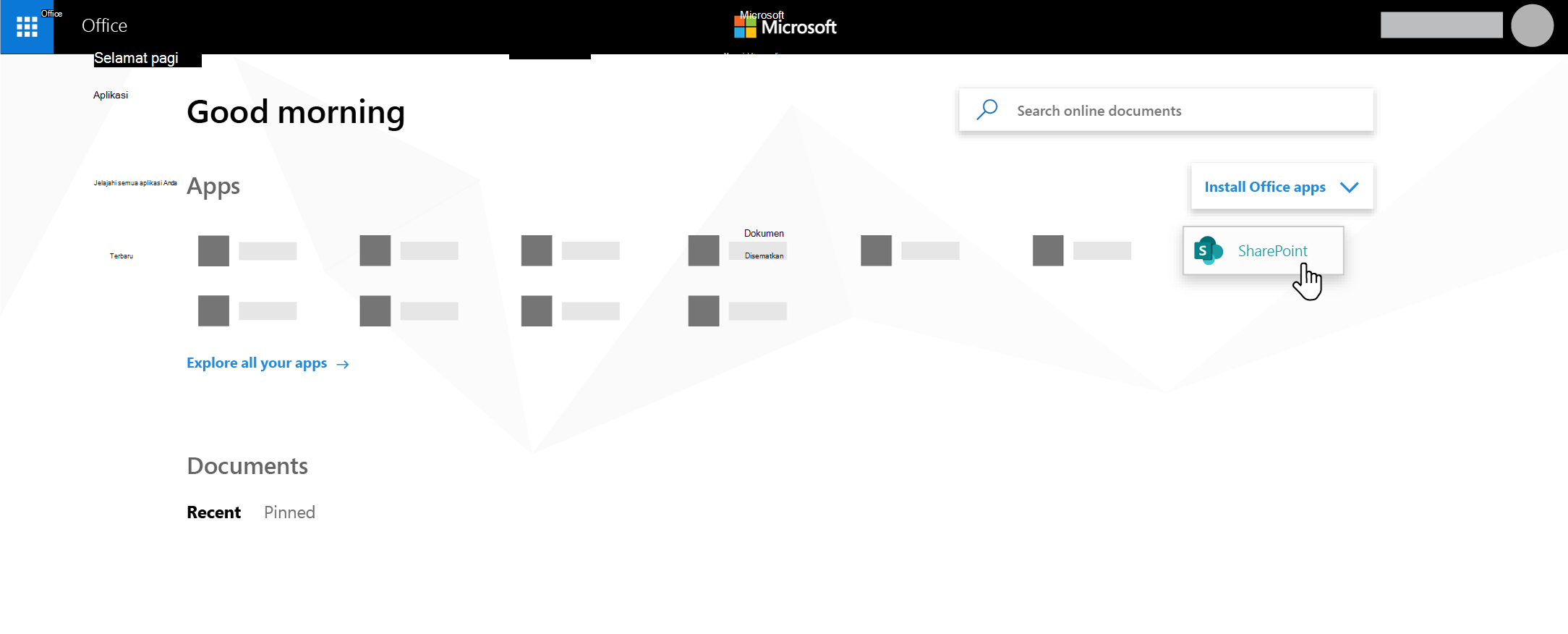 Halaman beranda Microsoft 365 dengan aplikasi SharePoint disorot