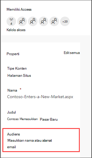 Panel detail halaman dengan opsi untuk memasukkan audiens