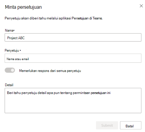 Cuplikan layar menampilkan kotak dialog Minta persetujuan.