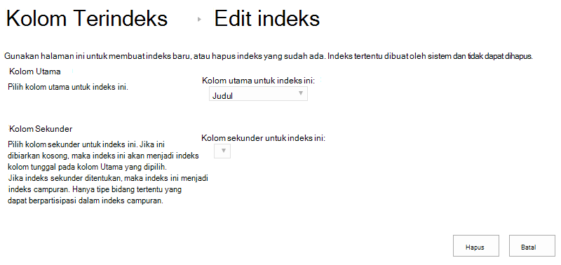 Anda dapat menghapus indeks setelah mengekliknya