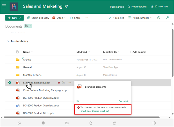 Anda dapat melihat siapa yang memeriksa file di pustaka dengan menunjuk nama file menggunakan mouse Anda.