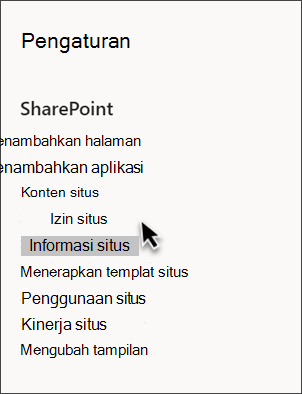 Cuplikan layar pengaturan SharePoint dengan informasi Situs dipilih