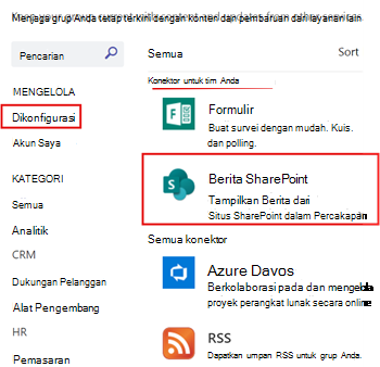 Menampilkan Berita SharePoint yang dikonfigurasi untuk saluran Teams