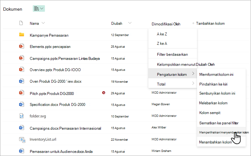 Cuplikan layar memperlihatkan perintah Tampilkan/sembunyikan kolom dalam daftar.