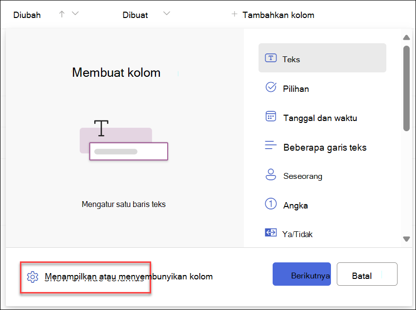 Cuplikan layar dari Tampilkan sembunyikan kolom yang dipilih